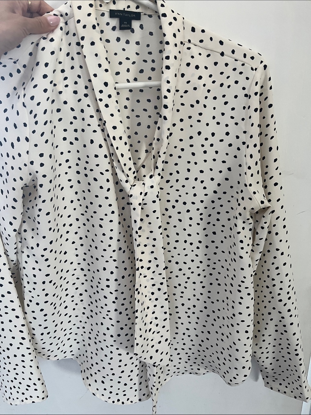 Ann Taylor winter white  Blouse with Black Dot Print and Tie Neck